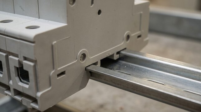 Circuit breaker mounted on a metal din rail for electrical distribution panel