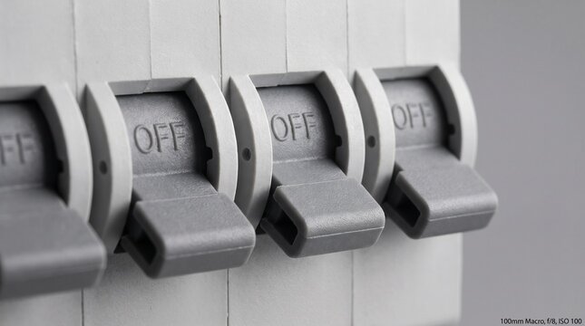 Row of electrical circuit breaker switches in the off position