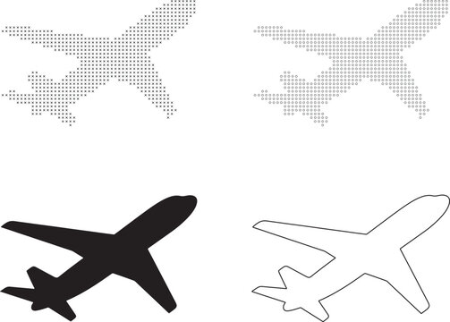 Four distinct airplane icons with cross stitch pattern hollow circle line art and solid silhouette