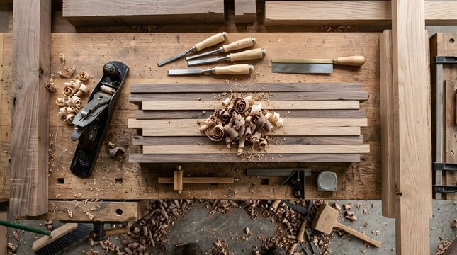 High-angle view of professional woodworking tools, chisels, hand plane, and wood shavings on a rustic workbench, depicting the art of traditional craftsmanship and furniture making.