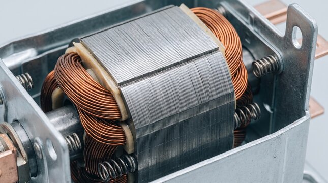 Close-up of an electric motor stator with copper windings and steel core