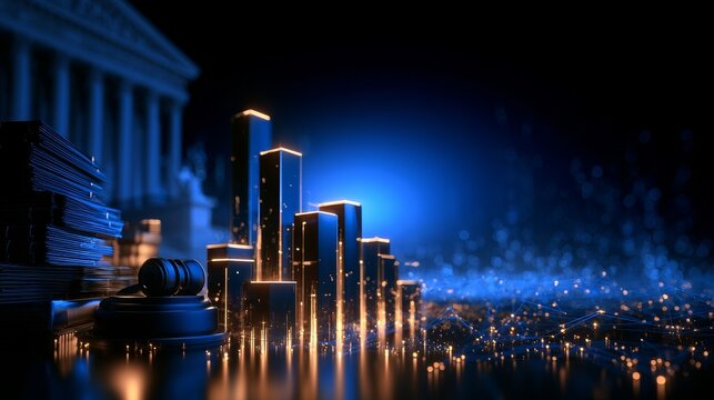 Digital justice system concept with futuristic court building