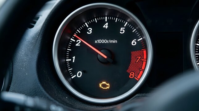 Close-up of a modern car dashboard featuring an illuminated check engine light on the tachometer gauge, indicating a mechanical problem or maintenance requirement for the vehicle's motor system.