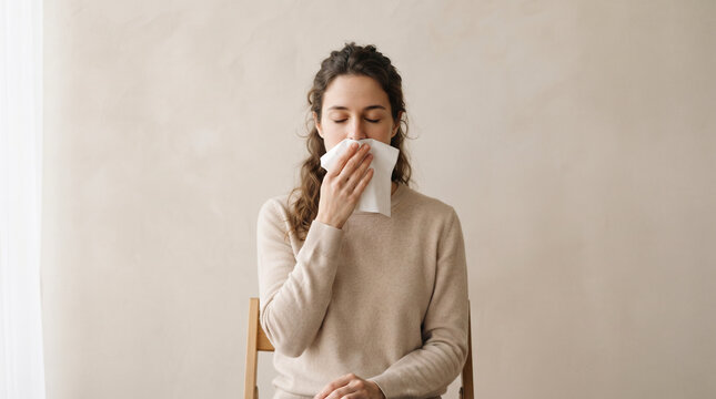 Woman with closed eyes holding tissue to nose in neutral indoor setting