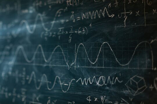 Complex mathematical equations and wave graphs drawn in