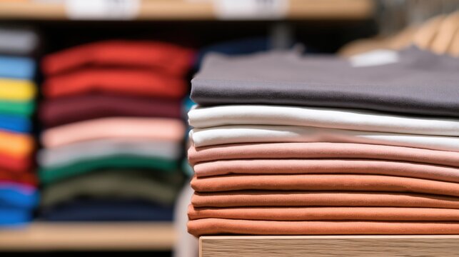 Neatly folded colorful t shirts stacked on wooden