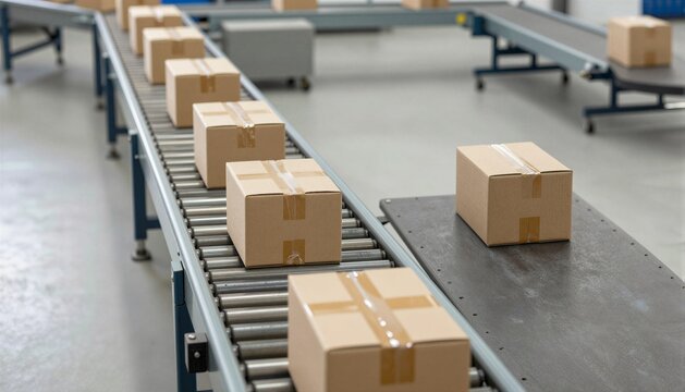 Cardboard boxes moving on roller conveyor belts in a warehouse distribution center