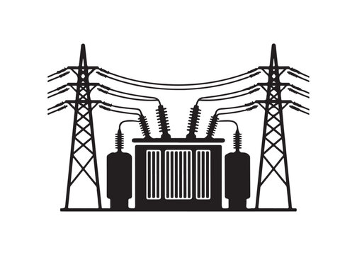 Electrical transformer station with power lines and pylons representing industrial energy infrastructure.