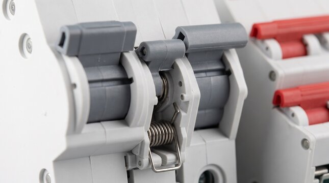 Close-up of electrical miniature circuit breaker switches with internal spring mechanism