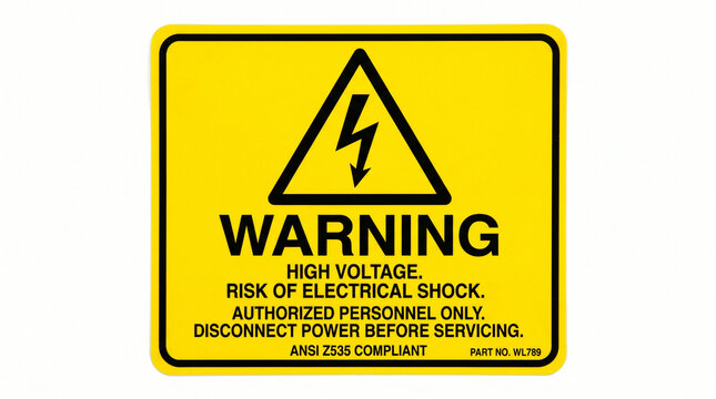 Yellow electrical warning label with lightning bolt symbol indicating high voltage shock hazard