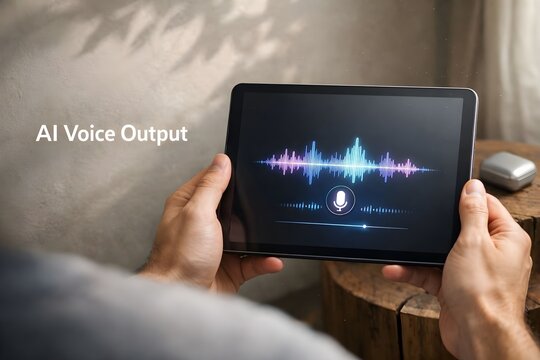 Close-up of hands interacting with a digital tablet showing an AI voice assistant interface, illustrating smart technology.