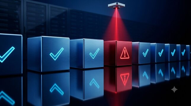 High-tech automated scanning system detecting an error among verified data blocks in a digital server room environment, concept for cybersecurity, quality control, and swift data integrity.