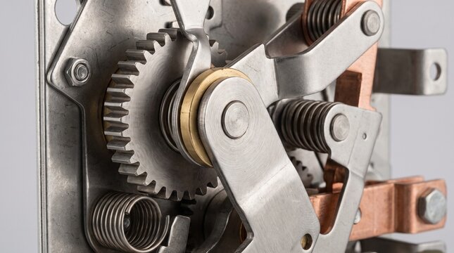 Close-up of mechanical clockwork mechanism with metal gears and springs