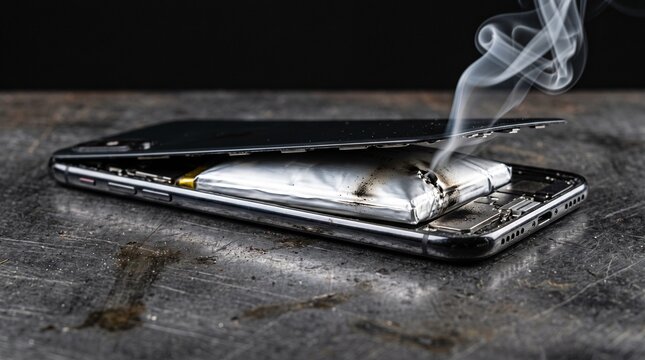 A realistic, dangerous consumer hardware failure showing a swollen, warped silver lithium-ion pouch cell bulging out of a partially pried-open smartphone frame, releasing a thin wisp of acrid white 