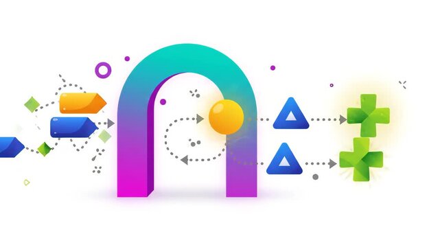 Abstract geometric shapes transform and flow through colorful gradient archway illustrating process of digital conversion and optimization set against clean minimalist white background