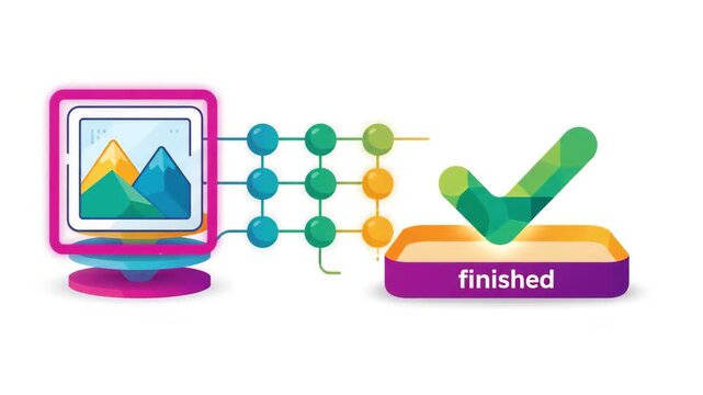 Digital image processing icon with mountain graphic flowing through network of connected data nodes into large directional arrow against white background with scattered geometric shapes