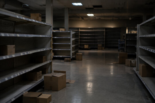 Empty retail shelves with cardboard boxes in closed store, divest and liquidation concept