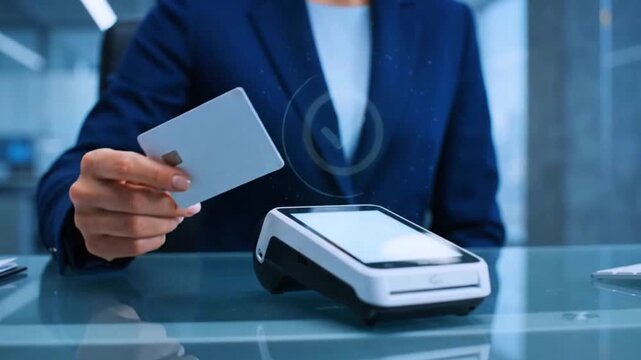 Business woman in blue suit paying with contactless credit card on point of sale terminal in office