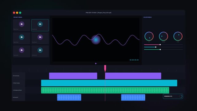 Video editing software interface with timeline and color grading controls on dark screen