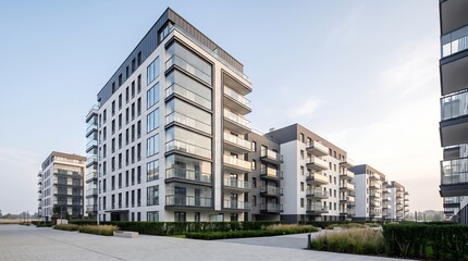 Fototapeta premium Contemporary multi-story residential housing complex featuring sleek glass balconies and clean white facade design in peaceful suburban neighborhood setting during early morning light