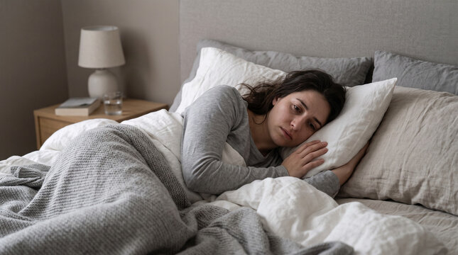 Woman lying in bed looking unwell and sad with blanket