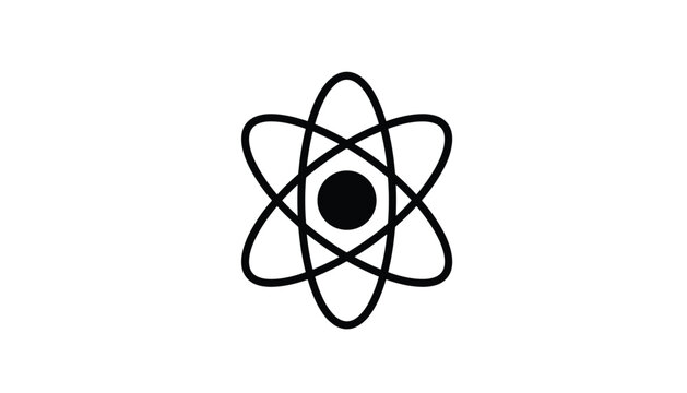 Bold black outline icon of an atomic model representing science, quantum physics, and nuclear energy on white.