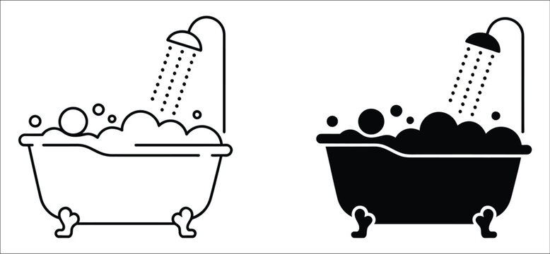 Vintage bathtub with shower head and soap bubbles icon set in outline and silhouette style, featuring bathroom hygiene, wash, and relaxation symbols for user interface design.
