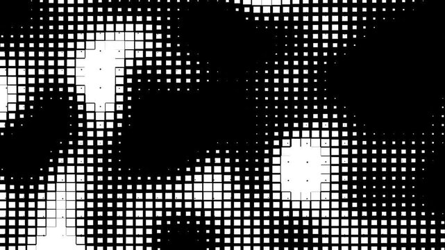 Abstract black and white pixel mosaic pattern with circular geometric shapes, halftone squares, modern digital texture, monochrome background, futuristic design wallpaper.