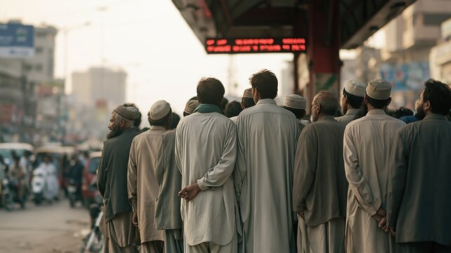 Men in traditional clothing wait at busy train