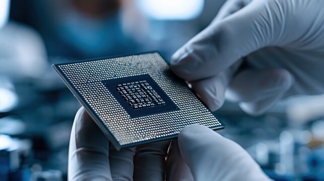 Engineer holding computer processor chip in laboratory