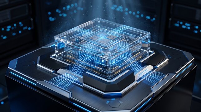 Advanced microchip processor encased in protective glass with glowing circuit lines inside high tech server facility