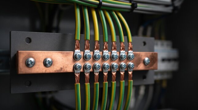Electrical copper busbar with green and yellow grounding cables connected