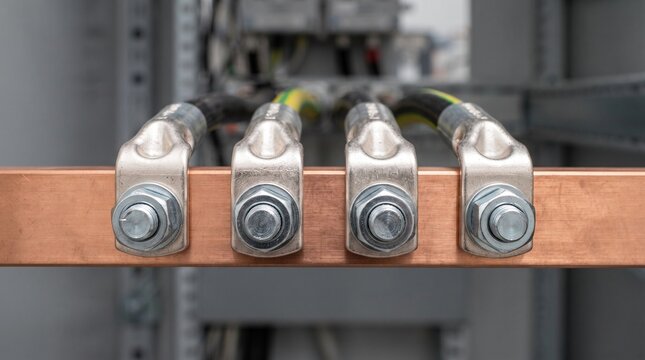 Electrical copper busbar with grounded cables and bolted terminals in cabinet