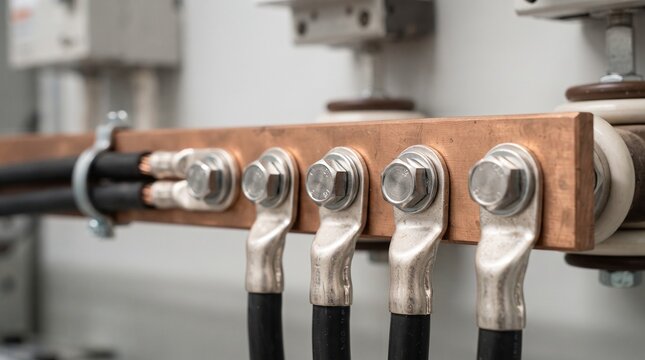 Copper busbar with electrical cables and bolted terminals in a distribution panel