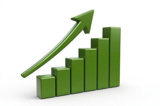 Green arrow rising over increasing bar chart bars