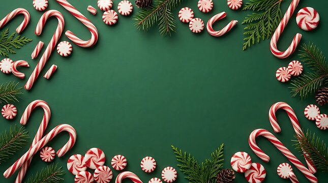 Festive christmas border frame made of candy canes and peppermint sweets on a dark green background