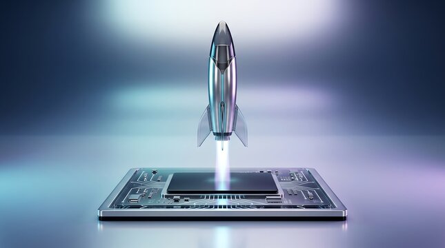Futuristic 3D rendered silver rocket ship blasting off from a high-tech computer processor circuit board representing innovation and technological advancement in electronics