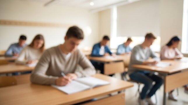 Group of focused students sitting at desks in a blurred classroom environment taking an important exam or standardized test to measure academic progress and educational achievement levels