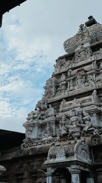 Ornate gopuram of the historic Munneswaram Hindu Temple in Chilaw, Sri Lanka, showcasing traditional Hindu religious architecture and sculpture.