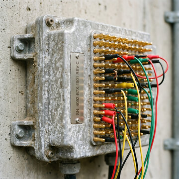 Old electrical junction box with exposed wiring and terminal connections mounted on concrete wall