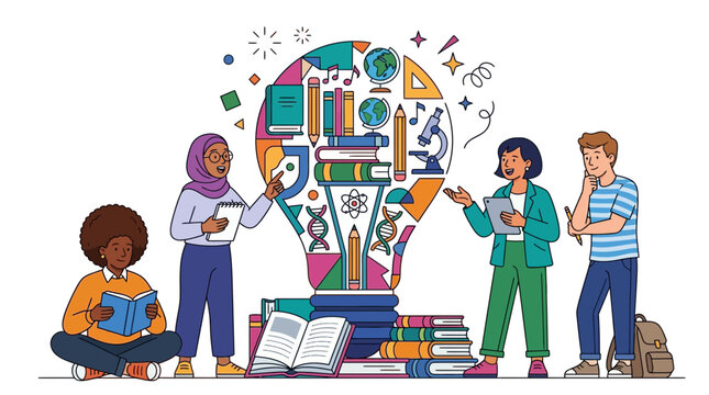 Diverse students learning and collaborating around a giant lightbulb filled with books and educational symbols, representing knowledge and innovation.
