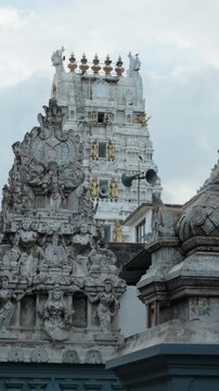 Detailed view of the ornate Hindu temple fa&ccedil;ade and sculptural architecture at the historic Munneswaram Temple in Chilaw, Sri Lanka.