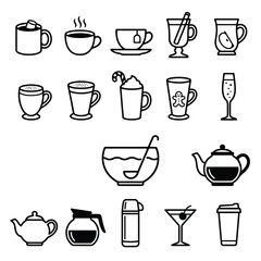 Obraz premium Hot and cold beverage outline icons set with coffee cup tea mug cocktail mulled wine and thermos