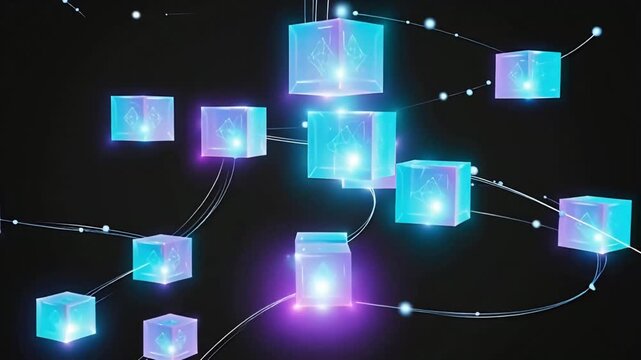 Abstract Blockchain Network Technology Concept with Glowing Blue Cubes and Digital Connection Lines on Dark Background