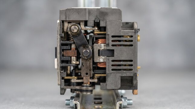 Close-up of an industrial electrical relay mechanism mounted on a metal rail