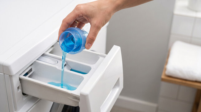 Hand pouring blue liquid detergent into washing machine dispenser drawer