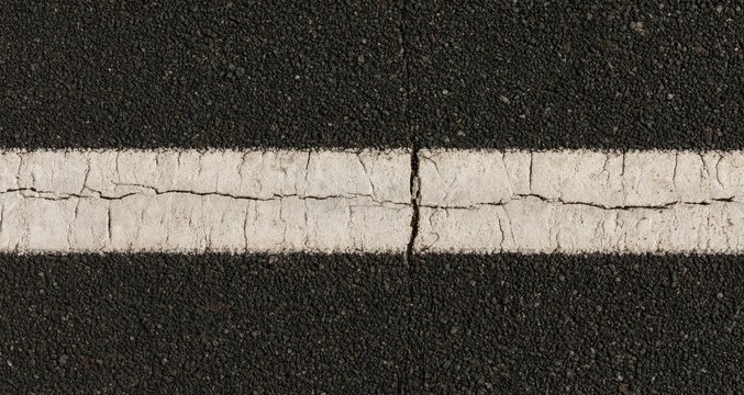 Close-up of a cracked white line on dark asphalt road