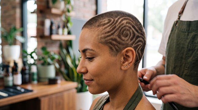 Woman's Buzz Cut with Wood Grain Hair Art in Salon