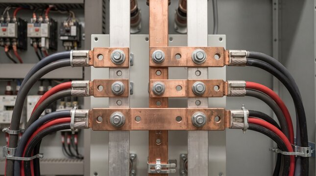 Industrial electrical control panel with busbars and heavy duty wiring