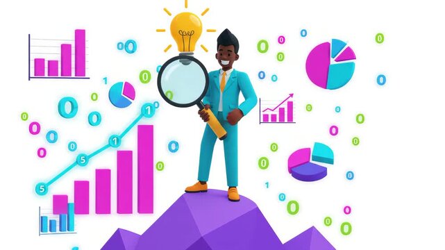 3D businessman holding magnifying glass to analyze data standing on mountain peak with floating digital binary code charts pie graphs and glowing lightbulb idea icon in the background